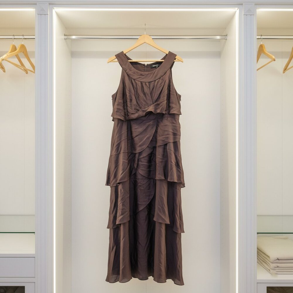 BCBG Brown Ruffle Sleeveless Satin Dress